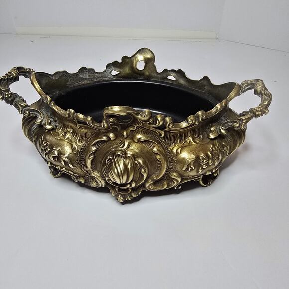 Vintage Brass Italian Style Rococo Jardiniere Planter w/ Insert - 11.75" Long - Picture 3 of 5